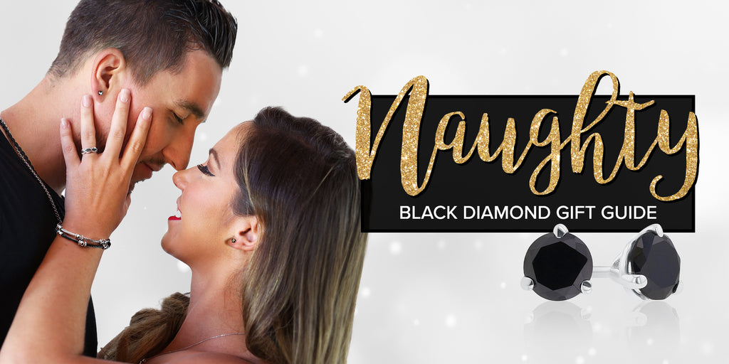 Naughty Black Diamond Gift Guide. A man and a woman wearing black diamond jewelry and pictured embracing.