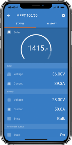Victron Energy Bluetooth app on mobile devices showing status of MPPT and history of MPPT. Photo by Victron Energy