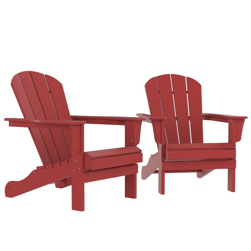 2 red adirondack chairs