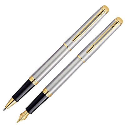 Waterman Hemisphere Stainless Steel Chrome Trim Rollerball & Fountain Pen  Set