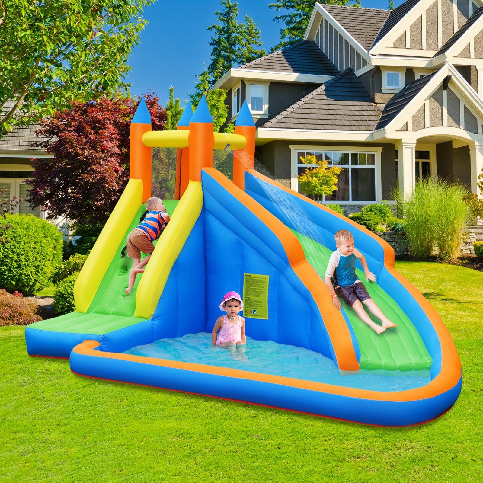 Premium materials: Our inflatable water slide boasts a climbing wall, curved slide, and spacious wading pool area. It is constructed with exceptionally durable 420d puncture-proof Oxford materials, while the bouncing area is reinforced with exclusive 840d Oxford fabric for unmatched strength and longevity. Designed for 2-3 kids to enjoy together.