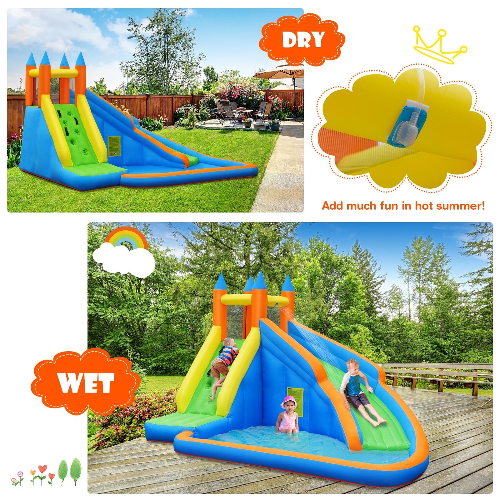 Dive into water-filled fun: Simply connect the hose to a tap and use a recommended air blower to infuse the water slide with endless excitement for your kids. The spray hood located at the top of the water slide keeps the sliding surface continuously slippery, adding to the aquatic fun.