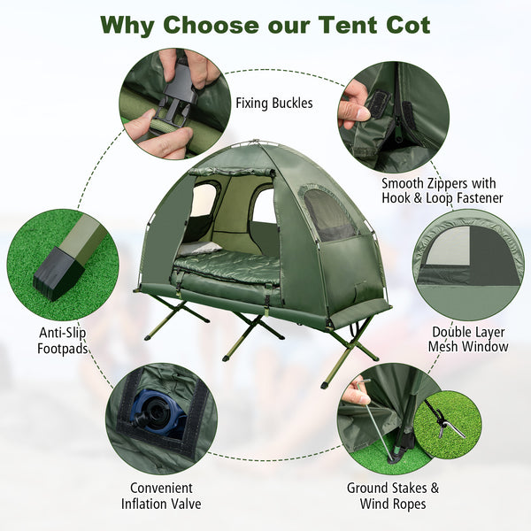 Strong and Stable Metal Frame: The tent features a top central connector that securely attaches FRP poles, creating a robust frame. The camping bed is equipped with X-shaped metal legs and anti-slip pads to enhance stability. Furthermore, the tent cot includes thoughtful details such as buckles, hook and loop fasteners, metal stakes, and ropes for additional fixation and reinforcement.