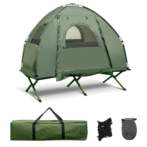 Versatile 5-in-1 Tent Combo: This comprehensive package includes a camping bed, a tent, an air mattress, an air pillow (with covers included), and a sleeping bag, allowing for flexible combinations to meet your various needs. Whether you're looking for a bedding set, a tent combo, or a sleeping tent cot, this versatile package is perfect for hiking, picnics, and backpacking adventures.
