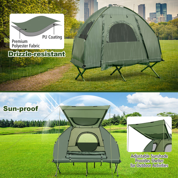 All-Weather Protection and Elevated Design: Designed to withstand diverse weather conditions, the tent cot is constructed with 190T PU-coated polyester for drizzle resistance. Additionally, it comes with a large sunshade to shield you from direct sunlight. With a 17" height off the ground and a bottom PE segregation fabric, the camping tent ensures a dry and comfortable environment, keeping moisture and unwelcome guests at bay.