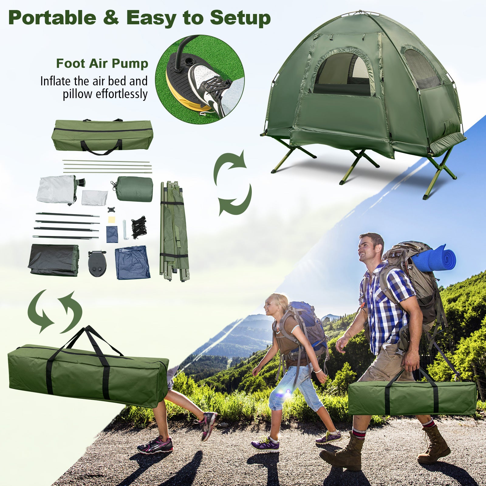 Easy Assembly and Ventilation: With a concise manual provided, the assembly process is straightforward, allowing you to quickly set up the tent cot and immerse yourself in nature. Four meshed windows promote airflow, keeping the interior cool and comfortable. When it's time to pack up, the tent cot can be easily folded in seconds and stored in the included carry bag, making transportation and storage a breeze.