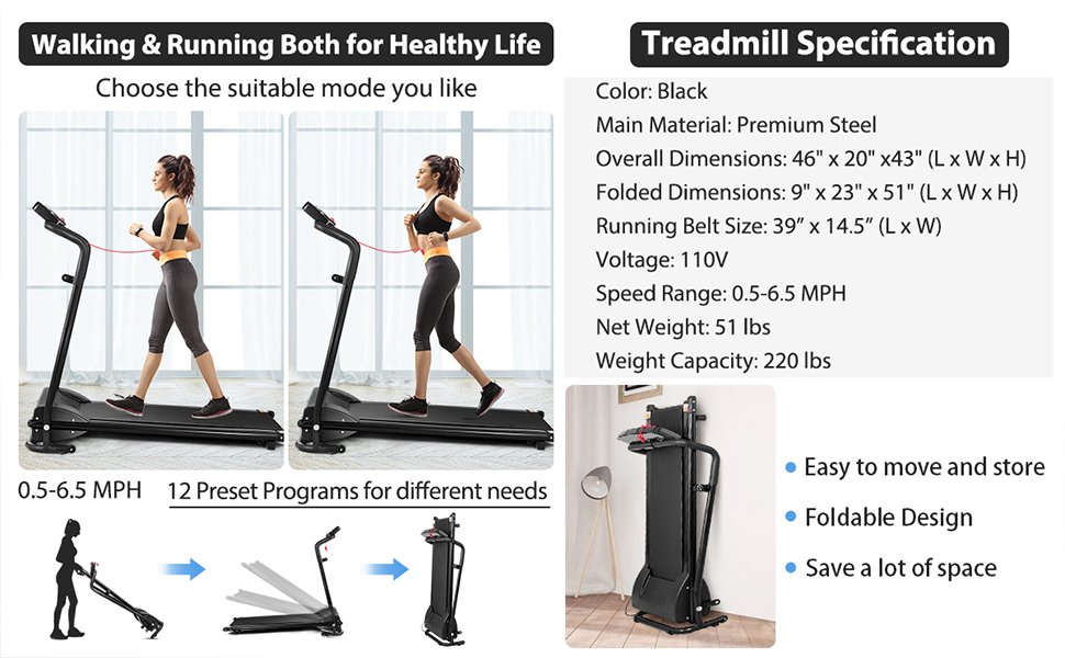 Compact & Convenient: Measuring just 46" x 20" x 43" (L x W x H), our Goplus treadmill is designed for space efficiency. When not in use, easily fold it into a compact 9" x 23" x 51". Transform any room into your fitness haven and store it effortlessly.