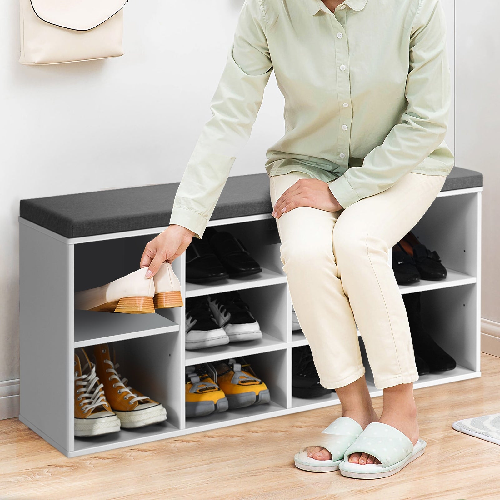 Stable and Rugged Structure: Constructed with high-quality chipboard and Melamine Veneer, the shoe storage bench is sturdy and durable, capable of bearing heavy loads.