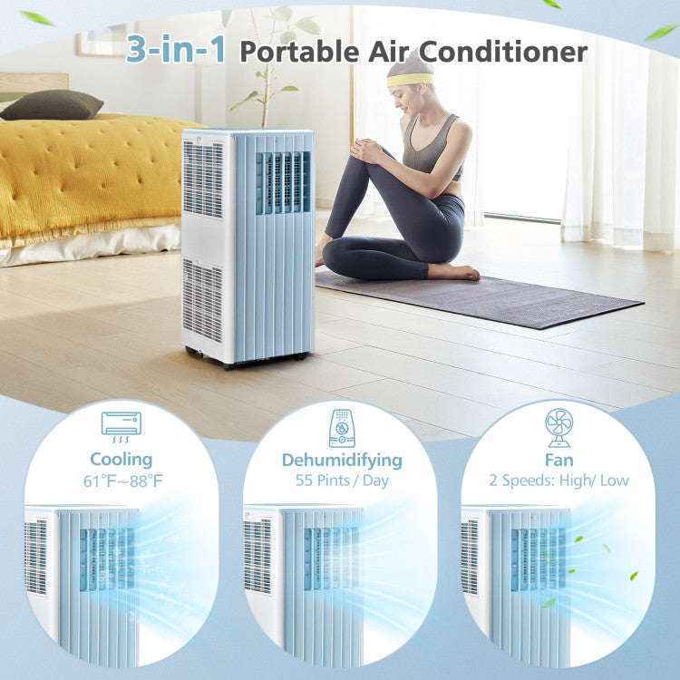 Versatile 3-in-1 Cooling: Our portable AC unit not only cools but also serves as a fan with 2 wind speeds (high and low) and a dehumidifier that eliminates up to 55 pints/day of moisture. This multi-functional unit caters to your various needs, and you can choose between manual or continuous drainage with overflow protection.