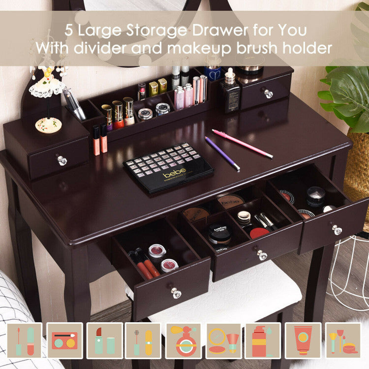 5 Large Drawers and Detachable Organizers: A spacious desktop and five drawers have sufficient storage space for your cosmetics. 6 desktop compartments and 2 DIY dividers in the middle drawer will help you properly classify your items so that you can use space effectively.