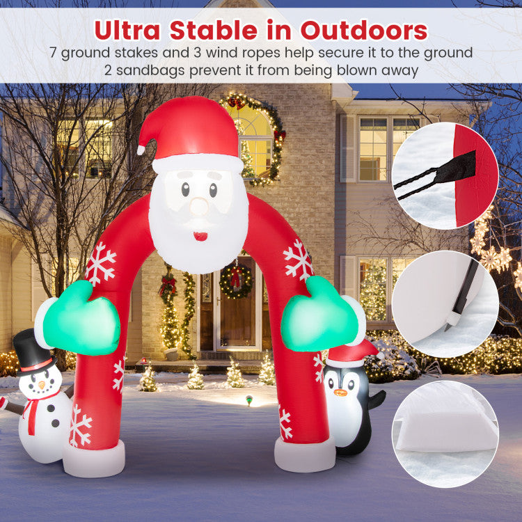 Outstanding Stability: The 10ft tall Christmas inflatable archway is secured to the ground with 3 wind ropes and 7 ground stakes, so it can always stand securely outdoors. In addition, there are 2 sandbags to add weight and protect it from heavy winds.