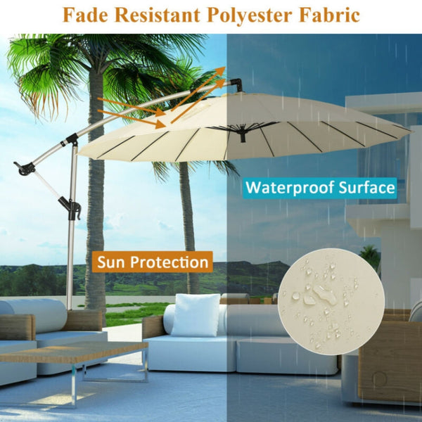 All-Weather Performance: Made with high-quality, waterproof, and fade-resistant polyester fabric, our market hanging umbrella is designed to withstand the elements. Enjoy a cool and comfortable shade even during hot summer days, thanks to its sun protection feature. The wind vent on top enhances air circulation, preventing wind damage and enhancing overall stability.