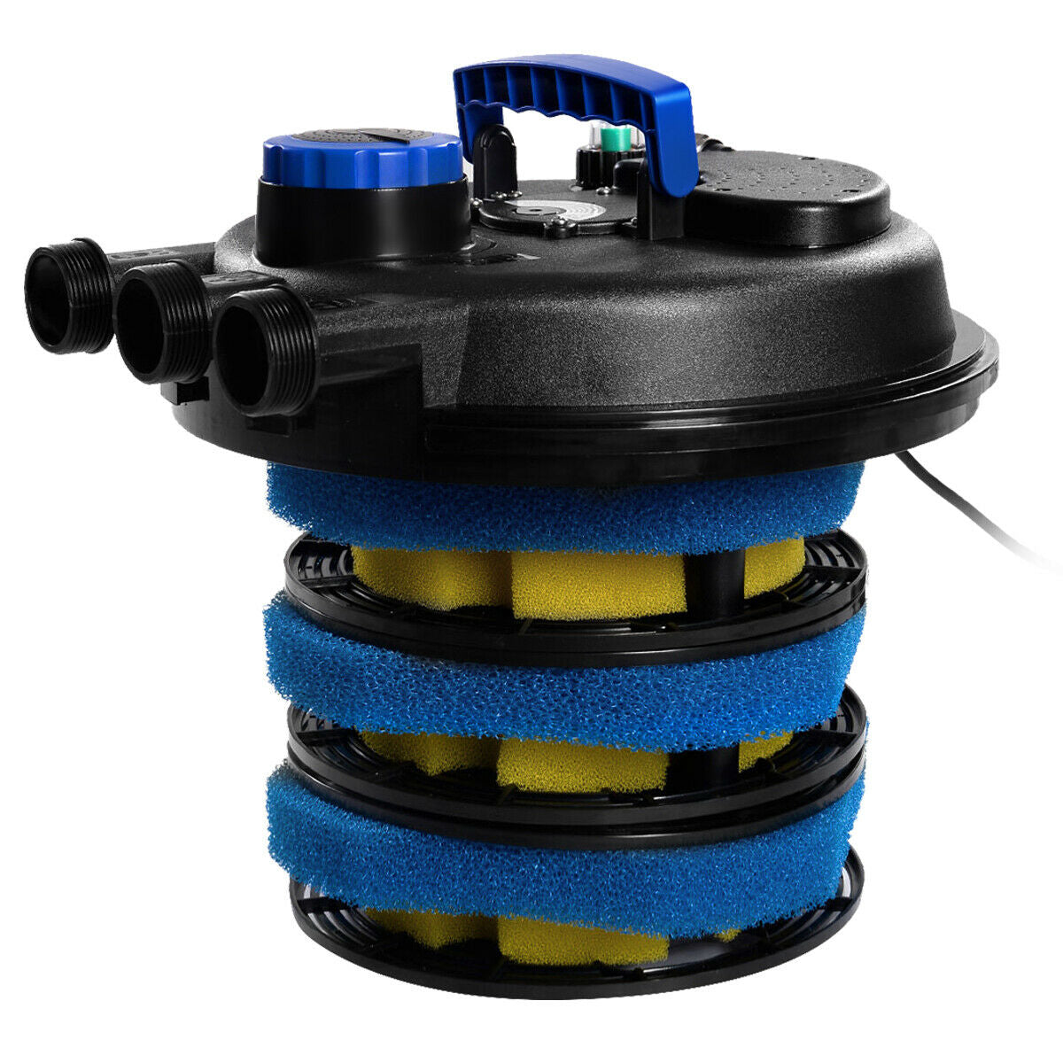 4 Filter Sponges and Cleaning Indicator: Ensuring balanced water flow. The sponges have different densities (yellow and blue) for improved filtration efficiency. Additionally, a floating indicator alerts you when the filter requires cleaning.