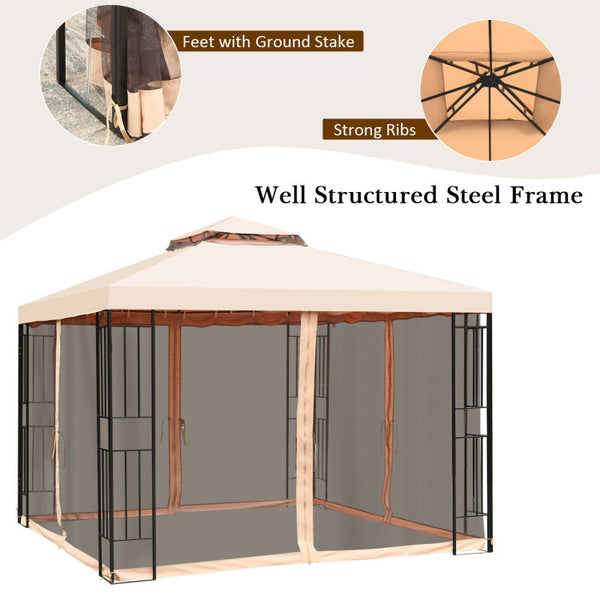 Robust Steel Frame: Our gazebo is equipped with a heavy-duty steel frame that is coated with rust-resistant powder for enhanced durability. It's designed to withstand strong winds and heavy rain, ensuring long-lasting performance.