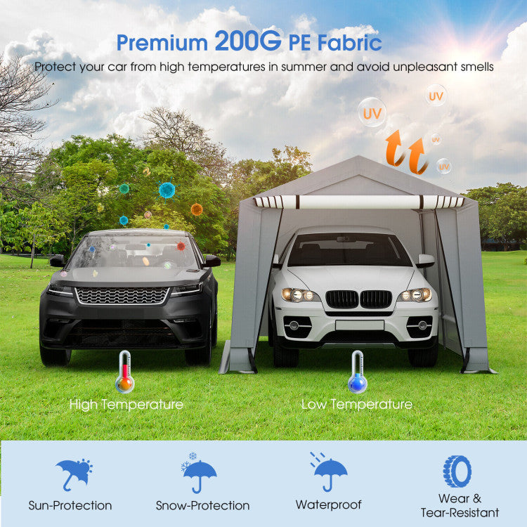 Weather-Resistant PE Fabric: Defend against the elements with premium 200G PE fabric. Waterproof, tear-resistant, and UV-resistant, it shields your vehicles from rain, snow, dust, and sunlight. The slanted roof handles heavy snow loads (6-8 lbs/sq.ft) with ease.