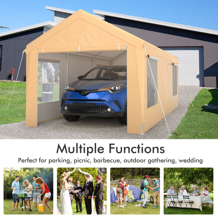 Versatile and Adaptable Design: Transform your carport based on your needs! Remove sidewalls, roll up window covers for better visibility, and utilize zipper-designed front and back doors with fixing straps. This multifunctional design adapts to outdoor weddings, car parking, gatherings, or barbecues with ease.