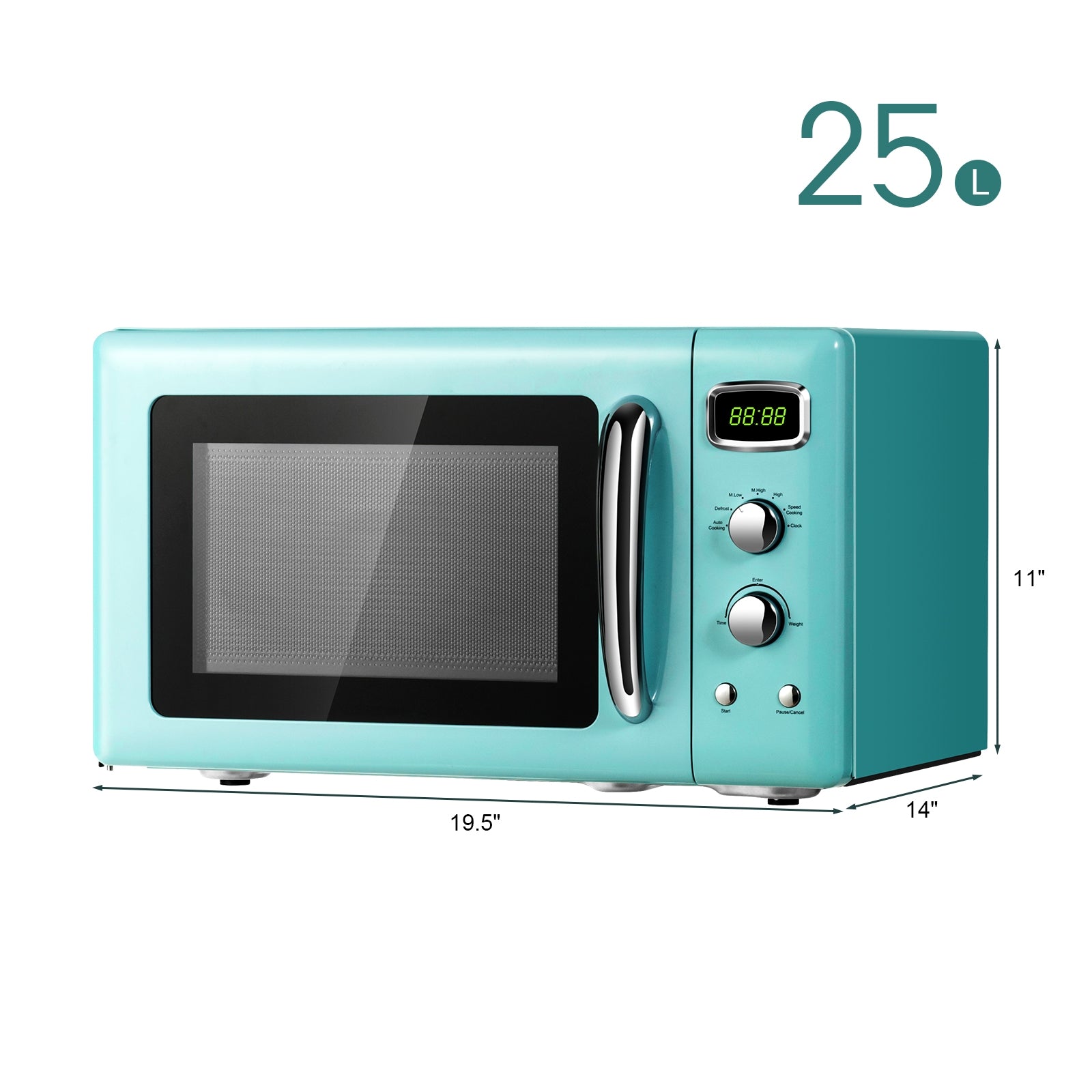 Technical details and thoughtful features: The microwave oven has an overall dimension of 19.5" x 14" x 11" (L x W x H), a turntable diameter of 10.5", and a capacity of 0.9 Cu.ft. It offers an output power of 900W and comes with a certified UL power cord. For added safety, it includes a child lock function that can be activated or canceled by holding the pause/cancel button for 3 seconds, preventing unsupervised use by children.
