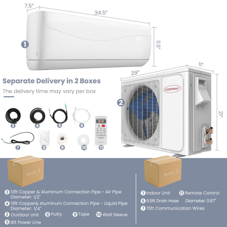 Safety Assurance: With AHRI Certified and ETL Intertek Approved, you won't be troubled about its safety and reliability. In Addition, it comes with an 8-year warranty. The AC unit will be shipped in 2 separate boxes and the delivery time may vary per box. Please find a professional to install it when you receive the package.