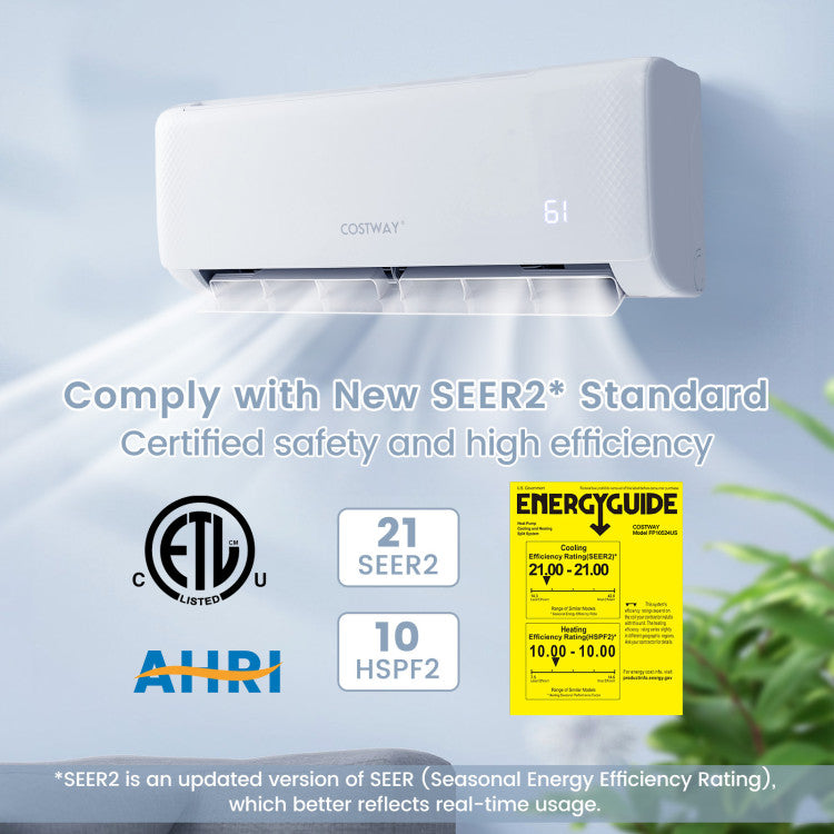 Innovative Inverter Technology: This technology adjusts the compressor speed to maintain the set temperature without frequently turning the compressor on and off, which has less energy cost and offers stable cooling. With a 21 SEER2 rating and a 10 HSPF2 rating, this unit is built to be energy efficient. It is also ETL-approved and AHRI certified.