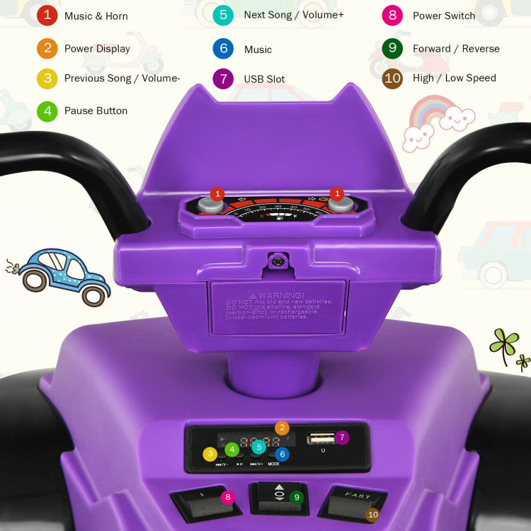 Endless Entertainment with Music and Stories: With its rechargeable design, our electric ATV provides extended playtime after a full charge. The power display keeps you informed about battery levels. Plus, there's a range of lively music and engaging stories to keep your kids entertained and engaged. The USB slot expands the fun even more.
