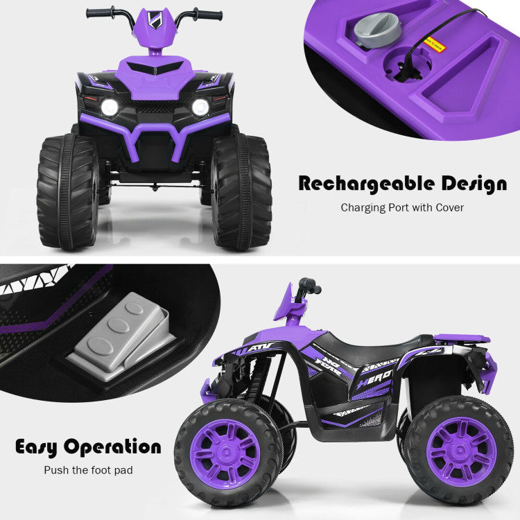 asy Speed and Direction Control: Say goodbye to complicated controls! Our ATV makes it effortless for kids to operate. Just turn on the power switch, select high or low speed, choose forward or reverse, and step on the foot pedal. Realistic horns and acceleration sound buttons on the steering wheel add to the excitement of driving.