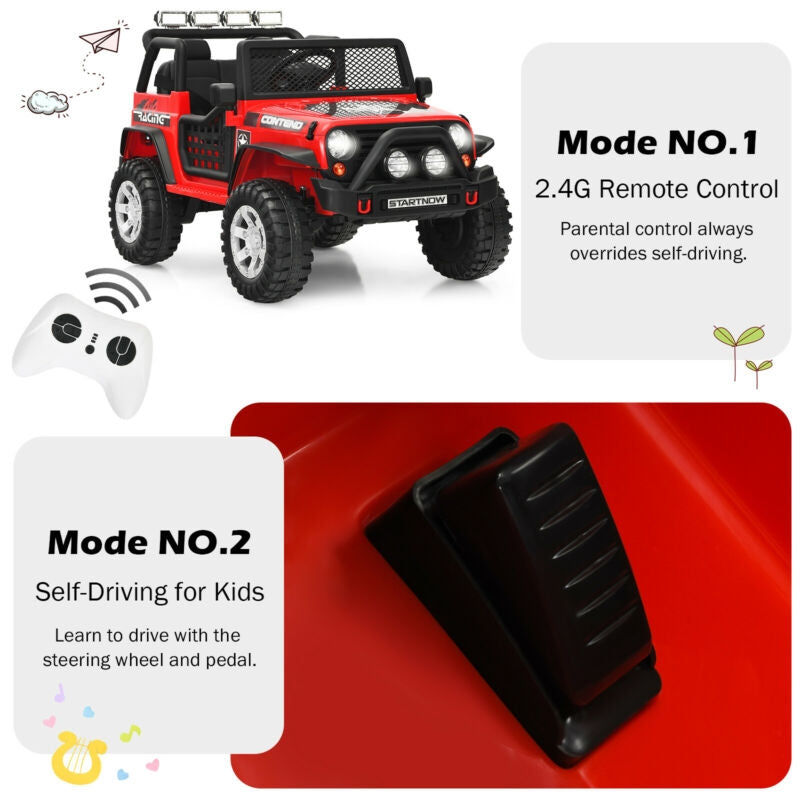Dual Control Modes: The ride-on truck offers two control modes. The 2.4G remote control mode provides three speeds, allowing parents to have full control of the vehicle. The self-driving mode, activated by the pedal and steering wheel, offers two optional velocities. The remote control mode takes precedence over the self-driving mode. Additionally, there is a handle under the car for easy maneuvering, in case you forget to charge it overnight.