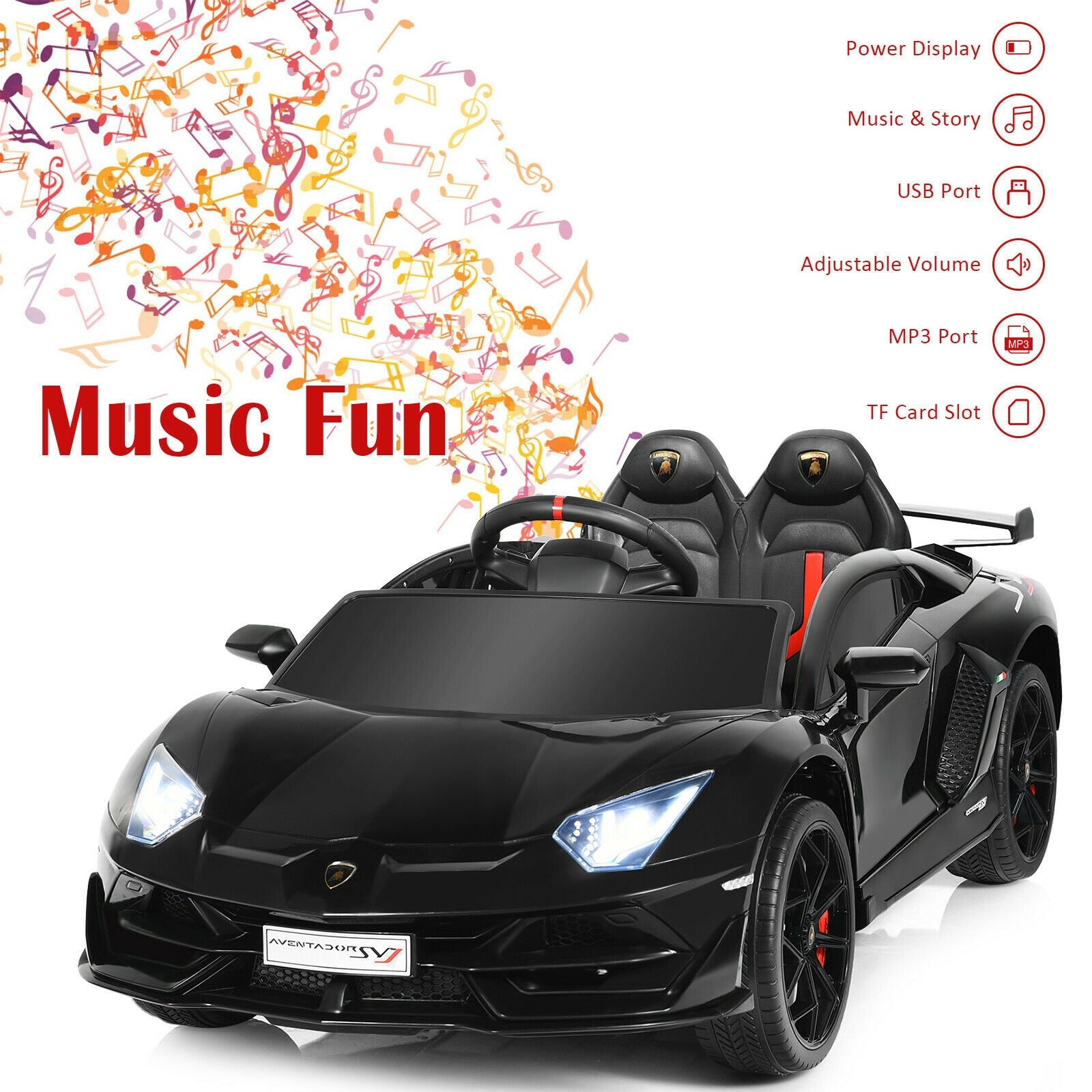 Abundant Features for Unlimited Joy: To keep the excitement going, we've designed this ride-on car with a range of entertaining features. Vibrant LED lights and attention-catching horns add playful charm, while dynamic music injects energy into their playtime. The included USB port and TF slot allow for customizable music selection.