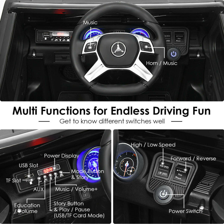 Endless Entertainment: To keep your kids engaged, our ride-on car is packed with entertainment features. Dynamic LED lights and a vibrant horn add excitement, while energetic music enhances the experience. The car includes a USB port, TF slot, and AUX port, offering a wide range of music options.