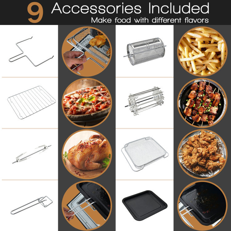 Comprehensive Accessories, Easy Maintenance: The package includes 9 handy accessories, such as a retrieval tool, baking cage, 2 wire racks, rotating basket, rotisserie shaft, mesh basket, tray handle, and dripping tray. These accessories are easy to clean and maintain with just water and detergent. Enjoy cooking with convenience and variety!