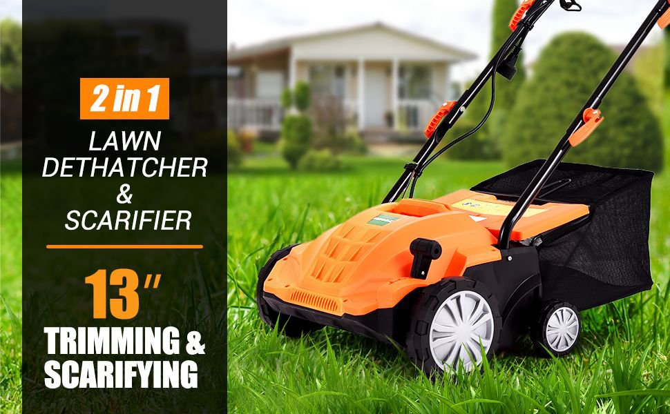 Corded Electric Scarifier: The powerful 12-amp motor rakes 13” wide to effectively solve the problems of trimming and scarifying. In addition, an 11-gallon grass collection bag can gather lawn debris automatically to save you time and energy.