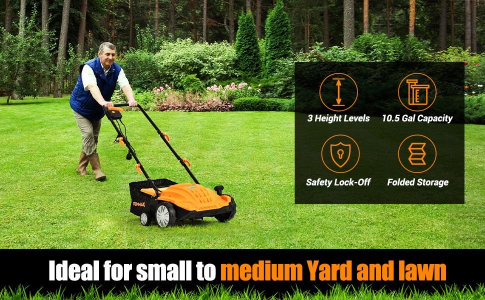 3-Position Depth Control: The electric dethatcher has 3 depth positions to choose from and level 4 for transport, which can meet your different needs of garden tidiness. You can adjust the lever to a comfortable depth of grass removing and scarifying, which can prevent soil compaction and dispose of lawn debris easily.
