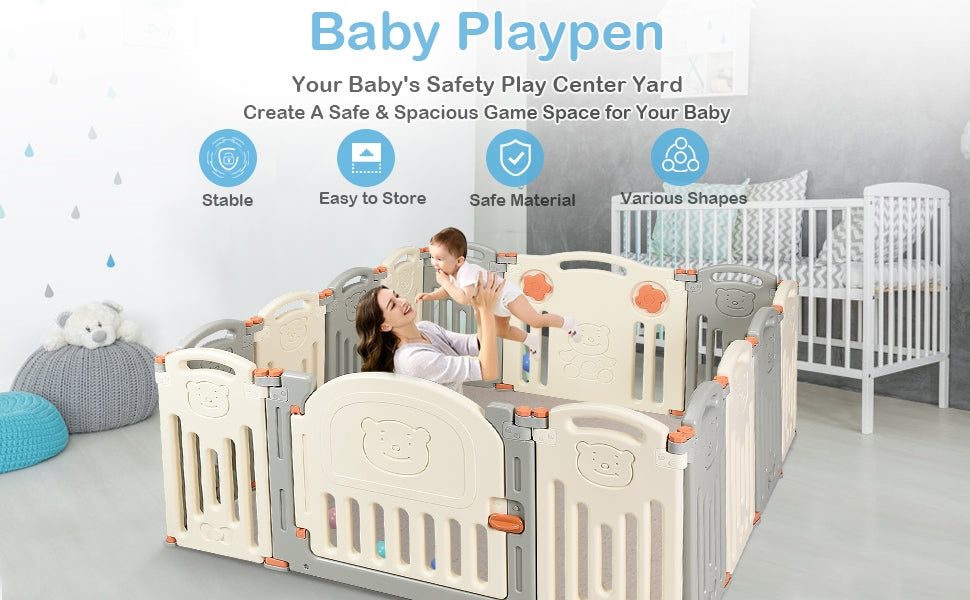 Hikidspace's baby playpen is made from safe and durable HDPE materials. The safety lock on the door prevents the baby from fleeing. The non-slip rubber suction cups on the bottom of the panel make it difficult to tip over and move.