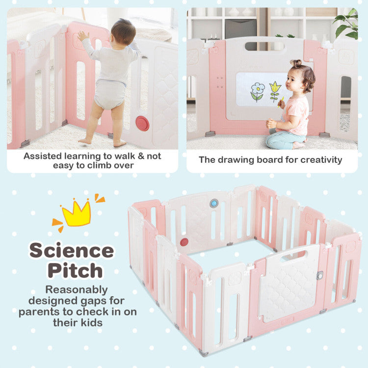 Door and Play Panels: The playpen features a secure door panel with a safety latch to keep your baby safely inside. Behind the door panel, there's a dry-erase whiteboard, sparking your baby's imagination and creativity with markers. The play panel offers rotating balls and a sound button for added toddler fun and exploration.