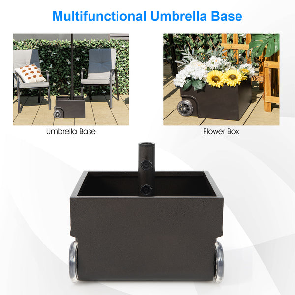 Umbrella Base with Planter and Drainage Holes: This versatile umbrella base stand includes a fillable planter, serving not only as a practical base for holding a patio umbrella but also as a planter box for cultivating flowers and herbs. The planter has 6 drainage holes to prevent water accumulation.