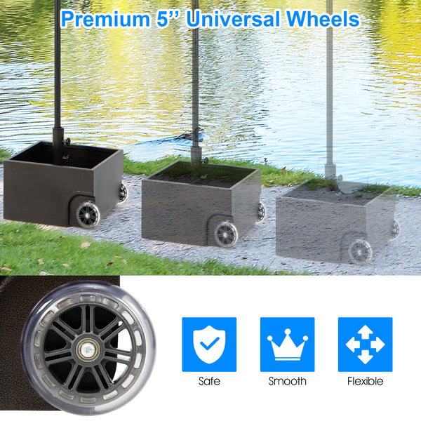 150lbs Fillable Umbrella Base with Wheels: The heavy-duty umbrella stand can be filled with up to 150lbs of weight. It features 2 large wheels, allowing for easy transportation to your desired location. The wheels are made of tear-resistant and non-slip PU material, ensuring smooth and silent movement.