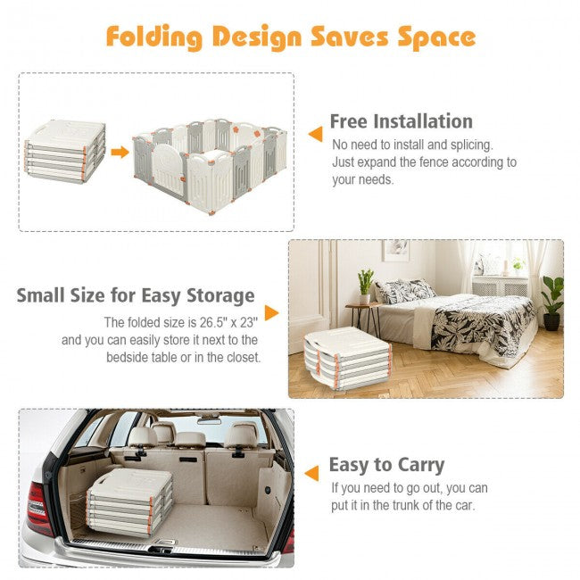 Foldable Design for Easy Movement: You can easily fold our children's fences and move them to any ideal place, such as a bedroom, living room, or balcony. In addition, the folded fence saves space and can be stored in the closet, under the bed, and in other places. This safe activity center allows you to do your housework or something else while keeping a close eye on your baby.