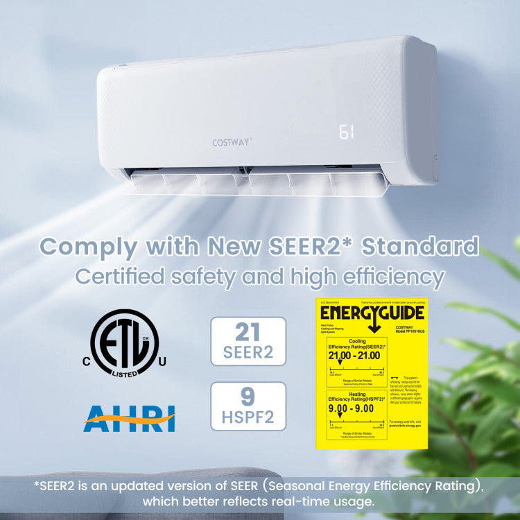 Energy-Efficient Innovation: Our mini split AC features innovative inverter technology, which adjusts the compressor speed to maintain the desired temperature, resulting in energy savings and stable cooling. Boasting an impressive 21 SEER2 rating and a 9 HSPF2 rating, this unit is engineered for exceptional energy efficiency. It's also ETL-approved and AHRI-certified for peace of mind.