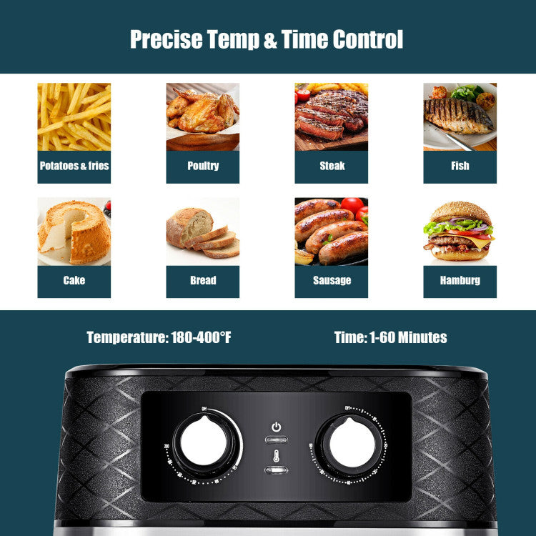 Precise Temperature and Timer Control: Experience cooking precision with the dual rotary knobs, allowing you to effortlessly adjust temperatures from 180 to 400℉ and cooking times from 1 to 60 minutes. Whether you're making fries, meats, poultry, or snacks, the air fryer caters to your culinary needs with ease.