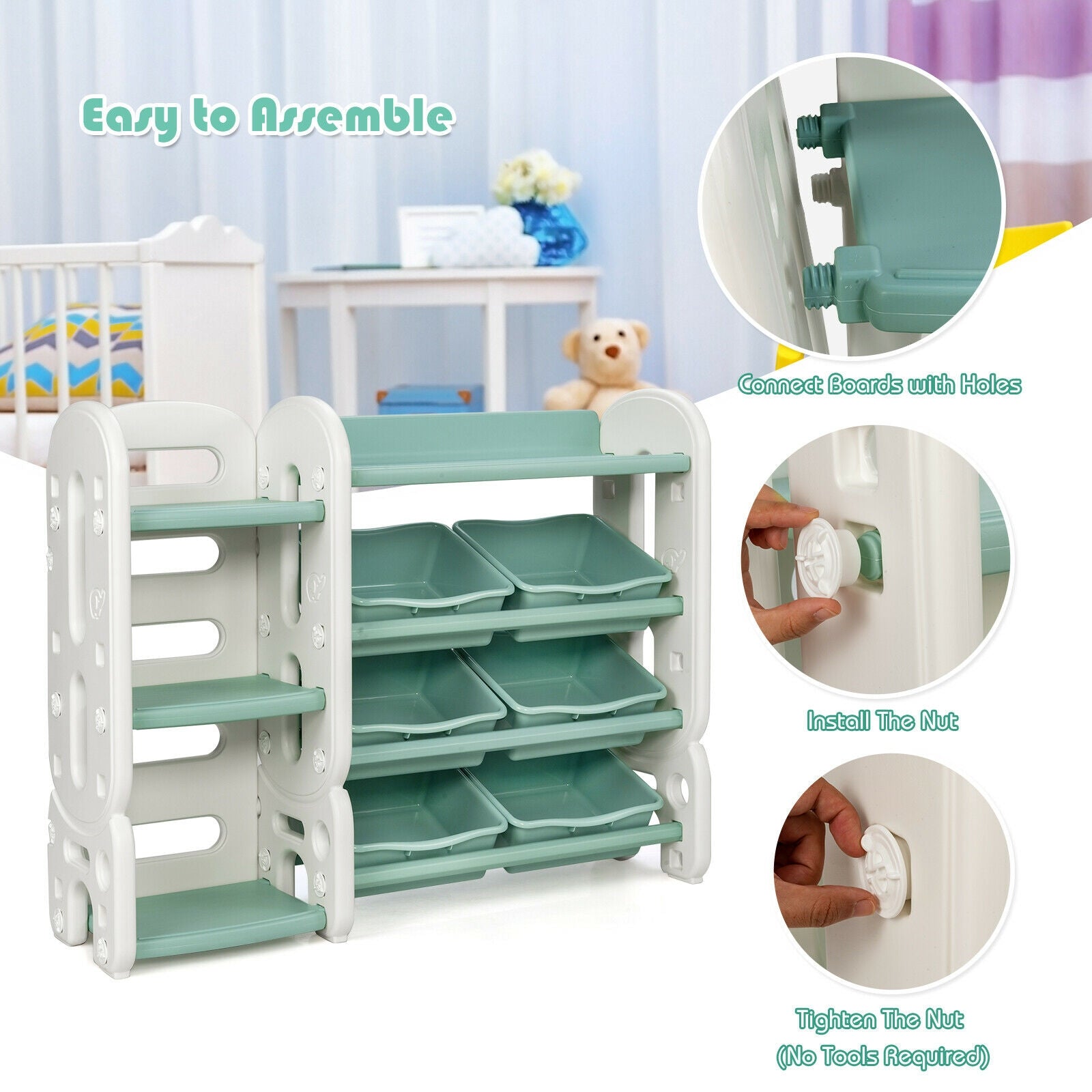 Easy Assembly: Assembling the children's toy shelf unit is a breeze, requiring just a single coin or the edge of a nut. The lightweight, removable storage boxes can be effortlessly taken off. Additionally, the smooth and waterproof storage boxes make cleaning a convenient task.