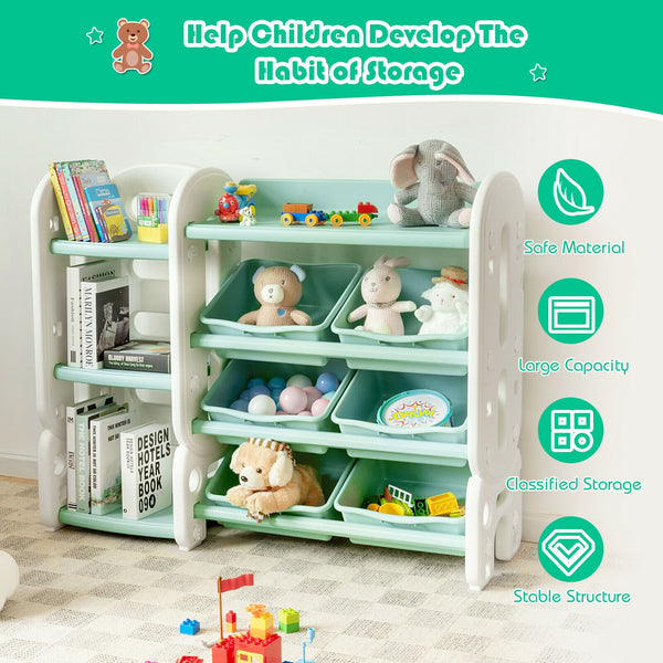 Versatile Space-Saving Solution: This 3-in-1 storage combination set offers a practical answer to limited storage space. It can serve as a children's play collection shelf, bookshelf, or corner rack. With a layered storage board, 6 storage bins, and a 3-tier bookshelf, this set provides ample room for books, toys, dolls, and other items, encouraging children to develop good storage habits.