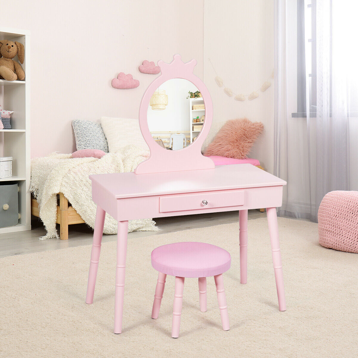 Kids Vanity Set with Stool and Real Mirror: This kids' vanity set showcases a classic design with a charming appearance. The gracefully designed stool offers luxurious comfort with its soft sponge padding. The mirror provides clear reflections, allowing little girls to pretend to do makeup like their moms, making this vanity set truly adorable.