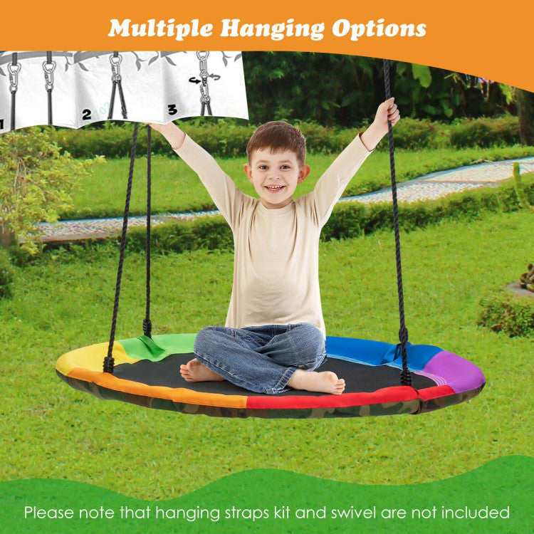 Sturdy Hanging Rope and Iron Chain: Adjustable multi-strand ropes (35"-63") for the saucer swing and heavy-duty, anti-scratch, rustproof iron chains for the belt swing ensure long-lasting outdoor enjoyment. ASTM certified for safety.