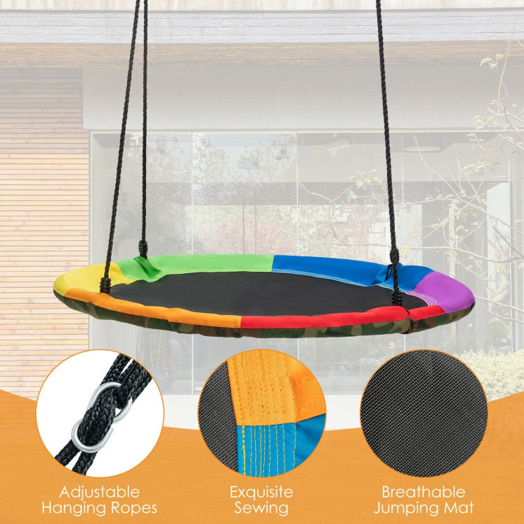 Premium Saucer Tree Swing: Experience durability with our high-grade PP fabric and all-weather 600D Oxford cloth saucer swing. Reinforced stitches and hook-and-loop fasteners ensure a secure and joyful swinging experience. ASTM certified for safety.