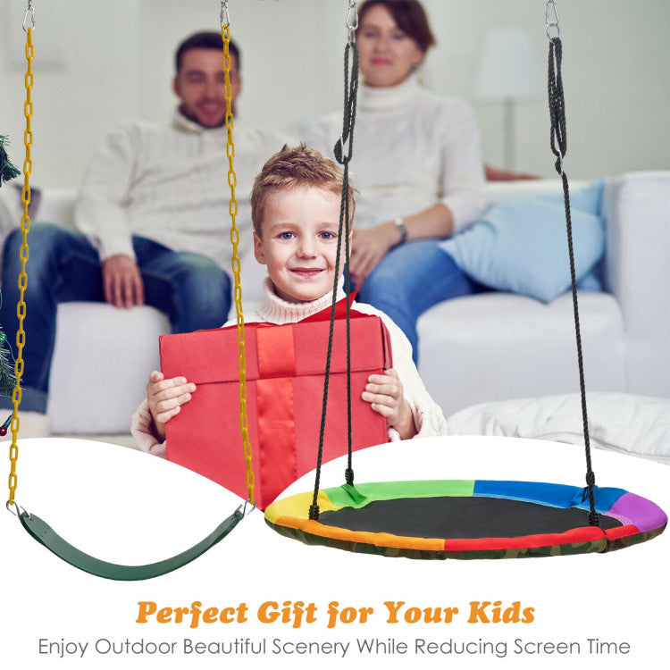 Endless Entertainment for Kids: Elevate playtime with our swing set featuring a saucer tree swing and belt swing. Promote active fun, reducing screen time and fostering social interaction. ASTM certified for safety assurance.