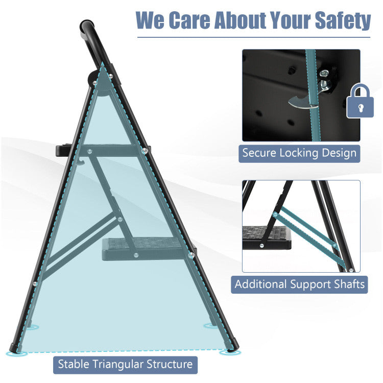 Anti-slip and Secure Design: Crafted from heavy-duty metal pipes, this folding step stool offers exceptional sturdiness. The stable triangular structure guarantees a reliable performance, and the 4 non-slip foot covers contribute to extra stability. Tackle various tasks with confidence, knowing your step ladder is built to last.