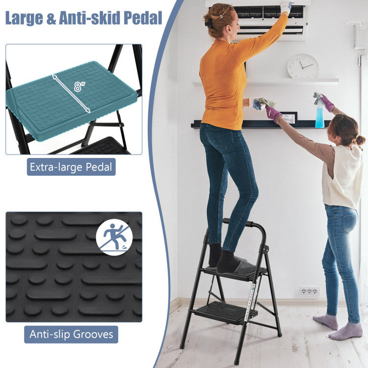 Large Size and 330 Lbs Capacity: Our 2/3-step ladder boasts generously sized pedals measuring 12" x 8" (L x W), providing ample space for your entire foot. With a robust 330 lbs capacity per pedal, it ensures stability and safety for every family member. The anti-slip design, featuring raised ellipses and dots, enhances friction, preventing any unwanted skidding.