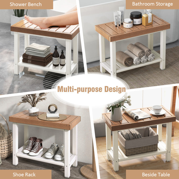 Large Storage Space: This shower stool features a 2-tier design to provide ample storage space for your bath items or other stuff. The spacious top and bottom storage shelf can hold your bath towels, body washes, decorations, storage boxes, shoes, etc.