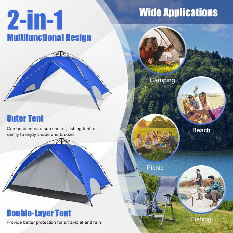 Versatile 2-in-1 Design: Our camping tent is more than just a shelter. It comes with a detachable sun shelter, providing double-layer protection against ultraviolet rays and rain. Alternatively, you can use the outer tent separately as a sun shelter, fishing tent, or rainfly to cater to your specific needs and preferences.