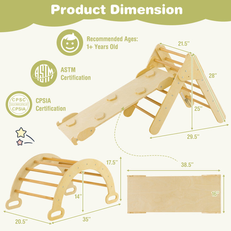 Durable Material and Safe Design: Crafted from durable natural beech wood, our climbing gym ensures longevity and safety. Smooth edges and a burr-free surface make it toddler-friendly, ensuring hours of secure playtime.