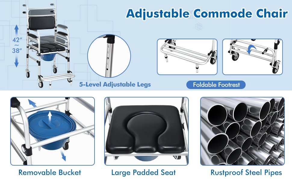 Height Adjustability and Foldable Pedal: We understand the importance of comfort, which is why our commode chair features adjustable height settings, ranging from 38" to 42". Additionally, the foldable pedal adds extra convenience, allowing for easy folding and unfolding. Durable and Comfortable Construction: Crafted from robust aluminum alloy, this commode chair combines strength and durability, supporting a maximum load of 200lbs without compromise. Plus, the soft sponge cushion ensures long-lasting comfort, making extended sitting periods a breeze.